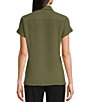 Color:Caper - Image 2 - Puckered Woven Short Cuffed Sleeve Button Front Point Collar Top
