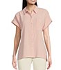 Color:Silver Pink - Image 1 - Puckered Woven Short Cuffed Sleeve Button Front Point Collar Top