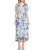 Color:Chambray Multi - Image 1 - Short Sleeve V-Neck Tiered Skirt Tie Waist Printed Midi Dress