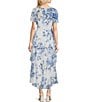Color:Chambray Multi - Image 2 - Short Sleeve V-Neck Tiered Skirt Tie Waist Printed Midi Dress