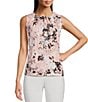 Color:Silver Pink - Image 1 - Stretch Floral Printed Pleated Front Crew Neck Sleeveless Top
