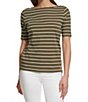 Color:Caper White - Image 1 - Stripe Boat Neckline Short Sleeve Tee Shirt