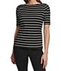 Color:Black White - Image 1 - Stripe Boat Neckline Short Sleeve Tee Shirt
