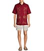 Color:Red - Image 3 - Red Palm Panel Embroidered Relaxed Fit Short Sleeve Shirt