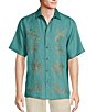 Color:Teal - Image 1 - Teal Palm Panel Embroidered Short Sleeve Shirt