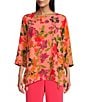 Color:Coral/Multi - Image 1 - Crepe Bright Blooms Print Scoop Neck 3/4 Sleeve Side Drape Tunic