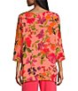 Color:Coral/Multi - Image 2 - Crepe Bright Blooms Print Scoop Neck 3/4 Sleeve Side Drape Tunic