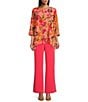 Color:Coral/Multi - Image 3 - Crepe Bright Blooms Print Scoop Neck 3/4 Sleeve Side Drape Tunic