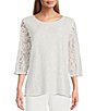 Color:White - Image 1 - Lace Round Neck 3/4 Sleeve Easy Fit Blouse