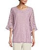 Color:Iced Orchid - Image 1 - Julia Floral Lace Round Neck 3/4 Ruffle Bell Sleeve Tunic