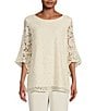 Color:Ivory - Image 1 - Julia Floral Lace Round Neck 3/4 Ruffle Bell Sleeve Tunic