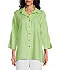 Color:Lime - Image 1 - Linen-Blend Point Collar 3/4 Sleeve Button-Front Breezy Shirt