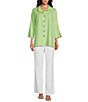 Color:Lime - Image 3 - Linen-Blend Point Collar 3/4 Sleeve Button-Front Breezy Shirt