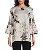 Color:Multi Black - Image 1 - Silky Twill Lotus Floral Print Scoop Neck 3/4 Bell Sleeve Tunic