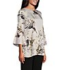 Color:Multi Black - Image 4 - Silky Twill Lotus Floral Print Scoop Neck 3/4 Bell Sleeve Tunic