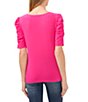 Color:Bright Rose - Image 2 - Crepe Knit Scoop Neck Short Shirred Sleeve Top