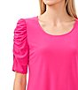 Color:Bright Rose - Image 3 - Crepe Knit Scoop Neck Short Shirred Sleeve Top