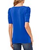 Color:Deep Royal Blue - Image 2 - Crepe Knit Scoop Neck Short Shirred Sleeve Top