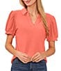 Color:Calypso Coral - Image 1 - Crepe Knit Point Collar V-Neck Short Puffed Sleeve Shirt