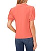 Color:Calypso Coral - Image 2 - Crepe Knit Point Collar V-Neck Short Puffed Sleeve Shirt