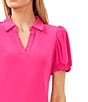 Color:Bright Rose - Image 3 - Crepe Knit Point Collar V-Neck Short Puffed Sleeve Shirt
