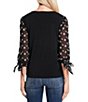 Color:Rich Black - Image 2 - Floral Embroidered 3/4 Tie Sleeve Crew Neck Knit Top