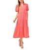 Color:Calypso Coral - Image 1 - Gauze Point Collar Short Puff Sleeve Button Front Tiered Midi Shirt Dress
