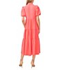 Color:Calypso Coral - Image 2 - Gauze Point Collar Short Puff Sleeve Button Front Tiered Midi Shirt Dress