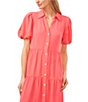 Color:Calypso Coral - Image 3 - Gauze Point Collar Short Puff Sleeve Button Front Tiered Midi Shirt Dress