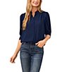 Color:Classic Navy - Image 1 - Heavy Georgette Mandarin Collar Elbow Sleeve Button Front Shirt