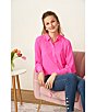 Color:Pink Shock - Image 6 - Heavy Georgette Point Collar Long Sleeve Pearl Button Front Shirt