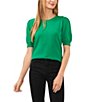 Color:Electric Green - Image 1 - Knit Crew Neck Short Puff Sleeve Top