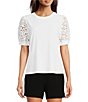 Color:New Ivory - Image 1 - Lace Puff Short Sleeve Crew Neck Blouse