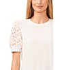 Color:New Ivory - Image 6 - Lace Puff Short Sleeve Crew Neck Blouse