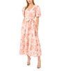 Color:Sweet Rose - Image 1 - Linen Floral Print V-Neck Short Puff Sleeve Belted A-Line Dress