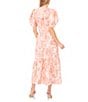 Color:Sweet Rose - Image 2 - Linen Floral Print V-Neck Short Puff Sleeve Belted A-Line Dress