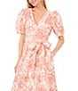 Color:Sweet Rose - Image 3 - Linen Floral Print V-Neck Short Puff Sleeve Belted A-Line Dress