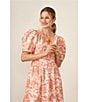 Color:Sweet Rose - Image 5 - Linen Floral Print V-Neck Short Puff Sleeve Belted A-Line Dress