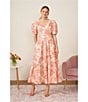Color:Sweet Rose - Image 6 - Linen Blend Floral Print V-Neck Short Puff Sleeve Belted A-Line Dress