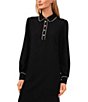 Color:Rich Black - Image 3 - Long Sleeve Point Collar Scallop Trim Rhinestone Button Front Moss Crepe Shift Dress