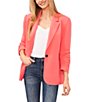 Color:Calypso Coral - Image 1 - Notch Lapel 3/4 Ruched Sleeve Button Front Crepe Blazer