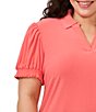 Color:Calypso Cora - Image 3 - Plus Crepe Knit Polo Collar V-Neck Short Puffed Sleeve Top