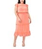 Color:Cameo Coral - Image 1 - Plus Size Clip Dot Flutter Cap Sleeve Ruffle Crew Neck Smocked Waist Tiered A-Line Midi Dress