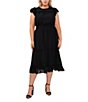 Color:Rich Black - Image 1 - Plus Size Clip Dot Flutter Cap Sleeve Ruffle Crew Neck Smocked Waist Tiered A-Line Midi Dress