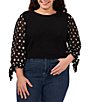 Color:Rich Black - Image 1 - Plus Size Floral Embroidered 3/4 Tie Sleeve Crew Neck Knit Top