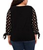 Color:Rich Black - Image 2 - Plus Size Floral Embroidered 3/4 Tie Sleeve Crew Neck Knit Top