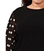 Color:Rich Black - Image 3 - Plus Size Floral Embroidered 3/4 Tie Sleeve Crew Neck Knit Top