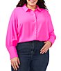 Color:Pink Shock - Image 1 - Plus Size Heavy Georgette Point Collar Long Sleeve Pearl Button Front Shirt
