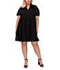 Color:Rich Black - Image 1 - Plus Size Lace V-Neck Short Puff Sleeve Tiered Babydoll Mini Dress