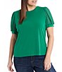 Color:Lush Green - Image 1 - Plus Size Crew Neck Puffed Short Sleeve Mixed Media Knit Top